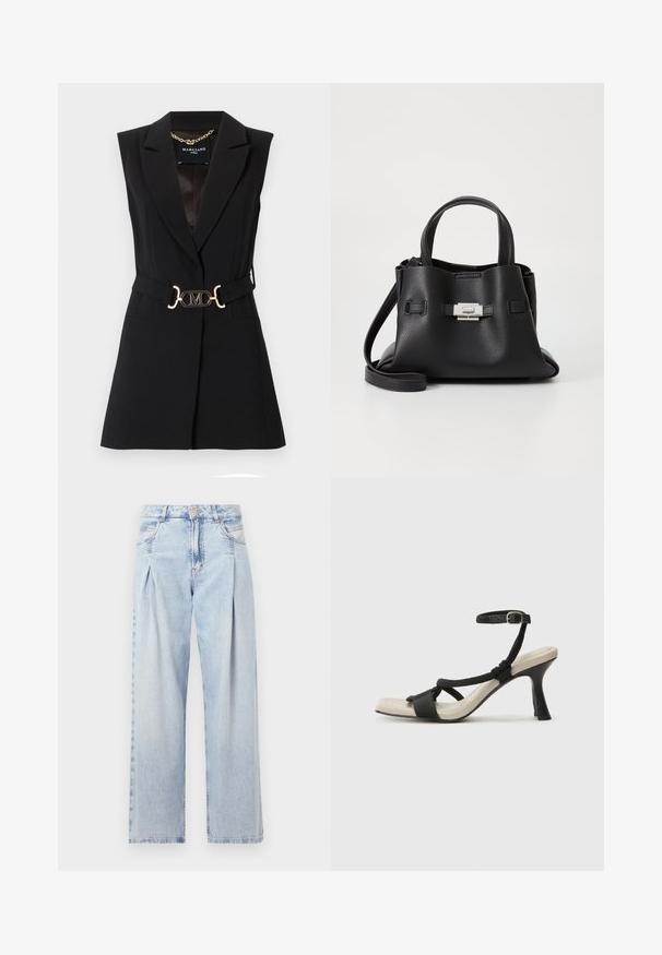 Fekete ujjatlan blézer, kihúzott hajtókával, karcsú fazonnal, övvel ellátva, arany színű logóval, valamint két elülső zsebbel.; Fekete, rövid ujjú póló, puha pamutból készült, kerek nyakkivágással, laza szabással és sima textúrával. Nincs látható minta vagy grafikák.; Világoskék farmernadrág magas derekú, bő szabású, két oldalsó zsebbel és pliszírozott dizájnnal. Puha tapintású, elhalványított felület.; Fekete sarkú szandál fonott pánttal, négyzet alakú orral és állítható bokapánttal. Világos bézs talpbetét fényes fekete sarkával.; Fekete bőr kézitáska struktúrált felülettel, két felső fogantyúval, levehető vállpánttal és ezüst színű csattal.