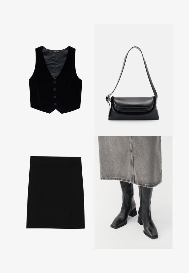 Mango Brezrokavnik - black; Olivno zelena pletena jopica s krojem na okroglo, dolgimi rokavi in ribanim robom. Ima skrajšan dizajn s mehkimi, teksturiranimi zaključki.; Črna mini krila iz mehkega materiala s prilegajočim se krojem, ki ima rahel razporek ob strani za dodatno podrobnost.; Črne škornje do kolen iz gladkega usnja s kvadratnim nosom in blok peto. Uporabljene s sivo denim krilom z raztrgano obrobo.; Črna usnjena torbica z oblikovano strukturo, gladko teksturo in eno naramnico. Opremljena je z diskretnim, zaobljenim pokrovom.