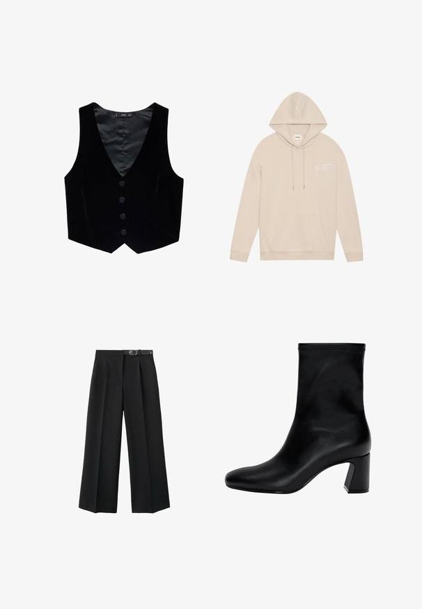 Mango Vesta - black; Béžová mikina s kapucí a přední kapsou, s taháky, s malým bílým kurzívním textem na levé části hrudi.; Bílý krátký rukáv bavlněného trička s kulatým výstřihem a volným střihem, bez viditelných vzorů nebo grafik.; Černé kalhoty s širokými nohavicemi vyrobené z tkané látky, s páskem v pase, sklady a hladkým povrchem.; Černé kotníkové boty vyrobené z hladké kůže. Mají čtveratou špičku, elastický vršek a masivní podpatek pro stabilitu. Minimalistický design.