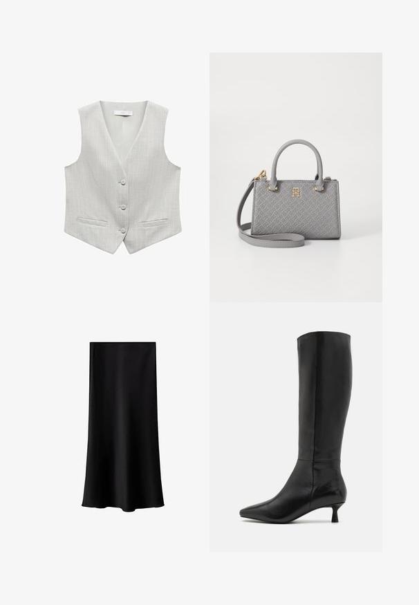 Svetlo siva prsluk z belimi vertikalnimi črtami, z v-izrezom, petimi gumbi in dvema sprednjima žepoma. Gladka tekstura.; Bela majica z dolgimi rokavi iz bombaža, ki ima klasičen ovratnik in gumbasto zapiranje, polne rokave ter ravno obdelan rob.; Črna midi krila iz gladkega, lahkega materiala. Ima ravno rez, brez vidnih dodatkov in preprost dizajn brez vzorcev.; Zign Škornji - black; Tommy Hilfiger ETERNITY MICRO TOTE MONO - Torbica - universal grey