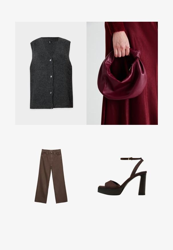 Grå ärmlös cardigan med V-hals och fem knappar, med en texturerad ribbad design mot en enkel vit bakgrund.; Mörkbrun stickad tröja med rundad halsringning, sänkta axlar, ribbade ärmslut och nederkant, med en mjuk textur och avslappnad passform.; Breda bruna jeans i denim med hög midja, framfickor och klassisk knäppning. Slät textur med subtil sömnad.; Bruna mocka högklackade sandaler med öppen tå, justerbar vristrem och en randig plattformssula.; Burgundy läderhandväska med en mjuk, samlad design och rundad form. Handtaget är säkrat och visar en slät yta.