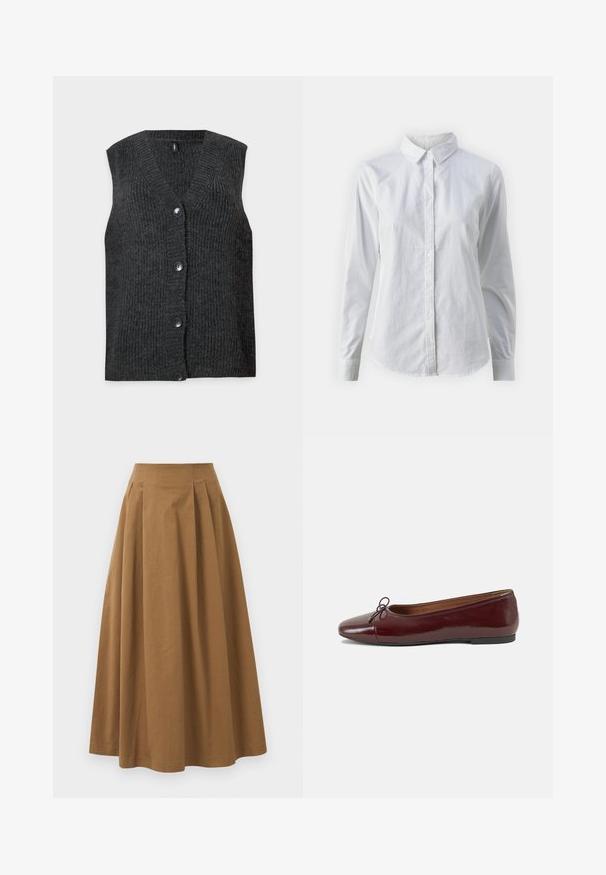 Grå ermeløs cardigan med v-hals og fem knapper, med et strukturert ribbemønster mot en ensfarget hvit bakgrunn.; Hvit skjorte med knapper laget av glatt bomull, med klassisk krage, lange ermer og buet skjær. Knapper er små og hvite.; Brun bomull A-linje skjørt med høy midje, med folder foran og en jevn tekstur. Kantene er rene og enkle.; Burgunderrød lakk lær ballettleilighet med rund tå, liten sløyfe foran og en lav, svart gummisåle. Glatt tekstur.