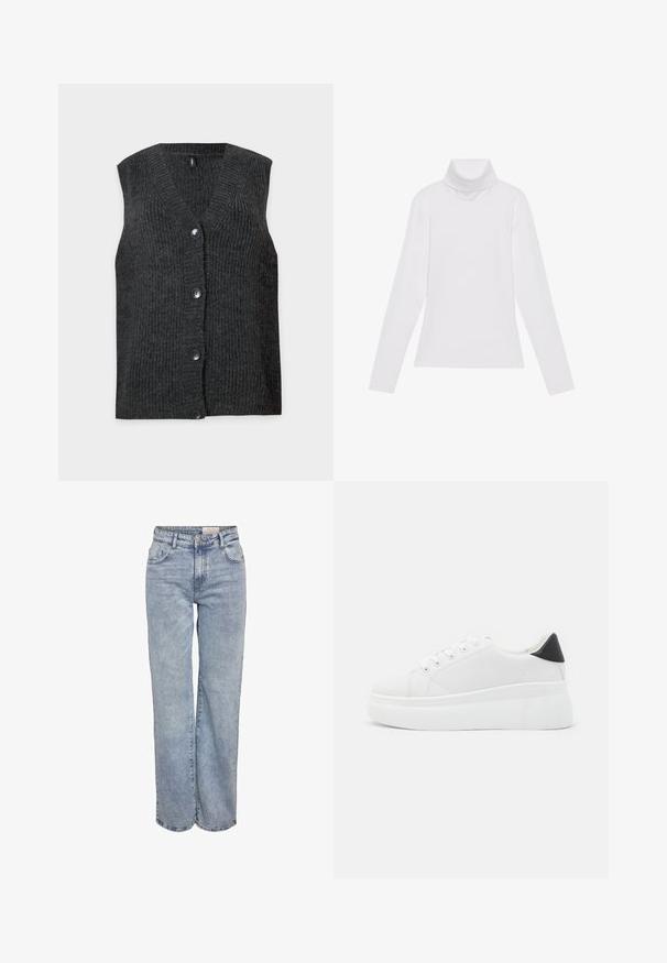Szürke ujjatlan kardigán V nyakkal és öt gombbal, texturált bordás dizájnnal, egyszínű fehér háttér előtt.; Fehér, hosszú ujjú, garbónyakú felső sima, rugalmas anyagból készült. Magas nyakkal és testhezálló fazonnal rendelkezik, látható minták vagy díszítések nélkül.; Világoskék, bő szárú farmernadrág, magas derékkal, öt zsebes kialakítással és finom kopással, amely megadja a viselt megjelenést.; Fehér platform sportcipők sima szintetikus anyagból, lekerekített orral, fűzős kialakítással és texturált gumitalppal. Fekete sarokdísz.