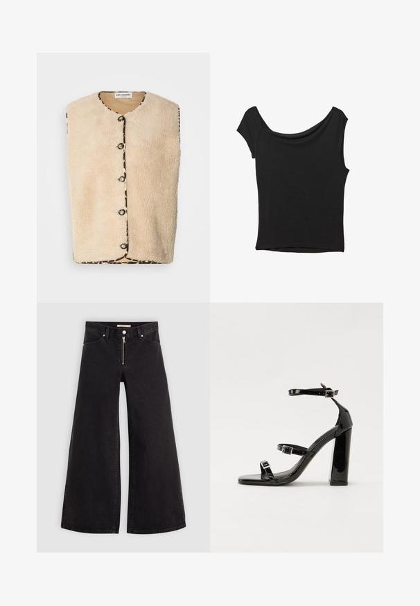 Světle béžová umělá kožešinová vesta s kulatým výstřihem, černými knoflíkovými uzávěry a vzorovaným lemem s leopardím potiskem podél okrajů.; Černý krátký rukáv top vyrobený z hladké látky; má drapovaný výstřih a asymetrický lem, s přiléhavým střihem.; Džíny s širokými nohavicemi v černém denimovém provedení se zipem vpředu, pěti kapsami a jemnými švy. Hladká textura a ležérní styl.; Černé lakované sandály na podpatku se čtveratou špičkou, lýtkovými pásky a stříbrnými přezkami. Disponují masivním blokovým podpatkem pro stabilitu.