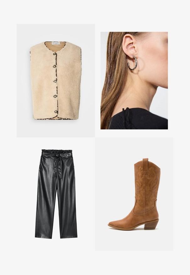 Beige faux fur vest med rund hals, svarte knapper og et mønstret bånd med leopardprint langs kantene.; Tre ermeløse skjorter i blått, svart og hvitt. Stoffet er ribbet med rund halslinning. Hver skjorte har et merke merket "even&odd."; Sorte faux lær brede bukser med en elastisk, bølget talje og et aftageligt bånd. Glat tekstur og minimal glans.; Brune lær cowboy støvel med spiss tå, broderte svirvlende mønstre på skaftet og en stablet blokk hæl. Har en trekksløyfe for enkel påkledning.; Sølv ringøredob med en polert finish, med små gull detaljer og en rund form, båret på øreflippen.