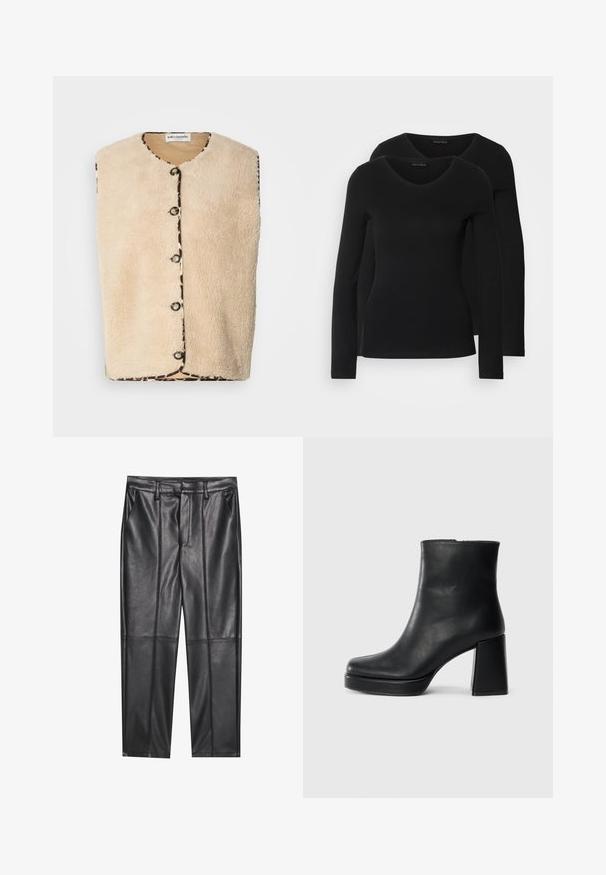 Bež prsluk od umjetnog krzna s okruglim izrezom, crnim kopčama i ukrasnim rubom s uzorkom leopard printa duž ivica.; Dva crna majice dugih rukava s V-izrezom, izrađene od mekanog, rastezljivog materijala, s glatkom teksturom i prilagođenim oblikom.; Crne kožne hlače s glatkom teksturom, ravnog kroja, s dva prednja džepa i vidljivim šavovima.; Crna kožna čizma do gležnja s blok petom i platformom, prikazana s bočne strane na jednostavnoj bijeloj pozadini.