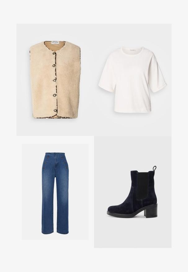 Bézs műszőrme mellény kerek nyakkal, fekete gombos záródással és állatmintás szegéllyel, amelyen leopárdmintázat díszíti a széleket.; Fehér pamut póló laza szabással, rövid, felhajtott ujjakkal, kerek nyakkal és sima textúrával. Egyszerű, minimalista dizájn.; Közepesen kék, magas derekú farmernadrág. Elöl gombos részletek és széles szárú kialakítás jellemzi. Az anyaga sima tapintású, enyhén megfakult.; Sötétkék velúr bokacsizma elasztikus oldalpanellel, kerek orral és tömbsarkal. A texturált szövet és a sima talp kontrasztot ad.