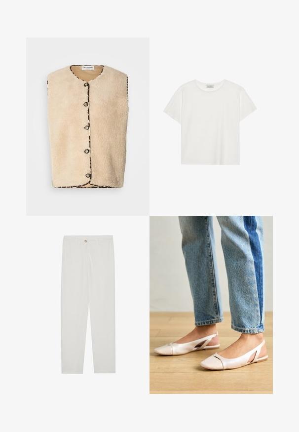 Světle béžová umělá kožešinová vesta s kulatým výstřihem, černými knoflíkovými uzávěry a vzorovaným lemem s leopardím potiskem podél okrajů.; Bílé tričko s krátkým rukávem vyrobené z měkké bavlny. Má kulatý výstřih a volný střih. Čistý design bez viditelných vzorů nebo akcentů.; Bílé kalhoty na míru s rovnými nohavicemi, se zapínáním na knoflík, poutky na opasek a bočními kapsami; hladká struktura látky.; Světle růžové slingback baleríny s špičatou špičkou, vyrobené z hladkého koženému materiálu. Obsahují vystřihovací detaily po stranách a plochý podpatek.