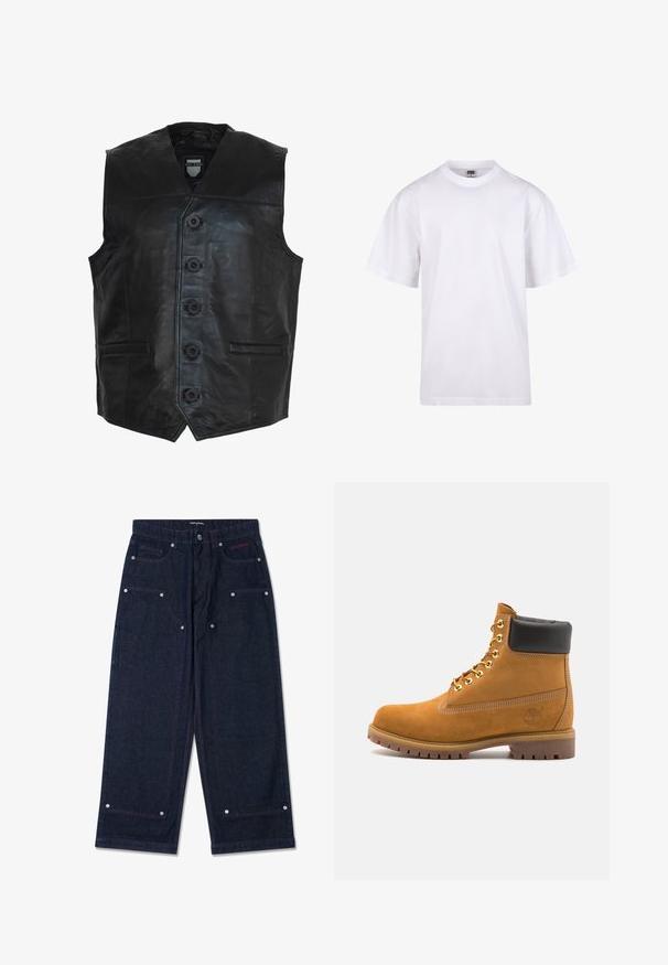 Schwarze Lederweste mit glatter Textur, sechs Knöpfen auf der Vorderseite, zwei seitlichen Taschen und einem spitzen Saumdesign.; Weißes Baumwoll-T-Shirt mit Rundhalsausschnitt, kurzen Ärmeln und lockerer Passform. Hat ein schlichtes Design ohne Muster oder Akzente.; Dunkelblaue weit geschnittene Jeanshose mit zwei vorderen Taschen, silbernen Hardware-Details und kontrastierendem roten Nähten. Sie verfügt über einen Knopfverschluss und ein Markenlogo.; Beige Wildleder-Ankle-Boot mit schwarzem gepolstertem Kragen, goldenen Metallösen, weißen Nähdetalben und einer robusten Gummisohle mit ausgeprägtem Profil.