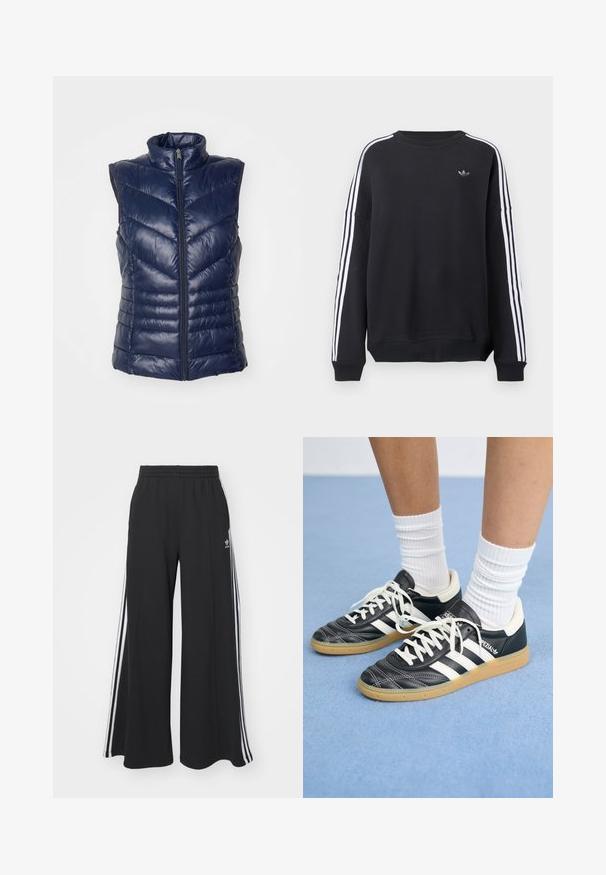 Marineblauer Puffer-Weste, ärmelloses Design mit hohem Kragen, ausgestattet mit einem Front-Reißverschluss und einem Zickzack-ge quilteten Muster zur Isolierung. Weiche, glänzende Oberfläche.; Schwarzer Pullover mit langen Ärmeln, weißen Streifen an jedem Arm und einem kleinen grauen Logo auf der Brust. Material aus Baumwolle, lässige Passform.; Schwarze weite Sweatpants mit elastischem Bund, versehen mit weißen Seitestreifen und einem gestickten Logo auf dem linken Oberschenkel.; Schwarze Ledersneaker mit weißen Streifen, runder Zehenpartie, weißen Schnürsenkeln und Gummisohle. Abgerundet durch gepolsterten Kragen und Branding-Details.