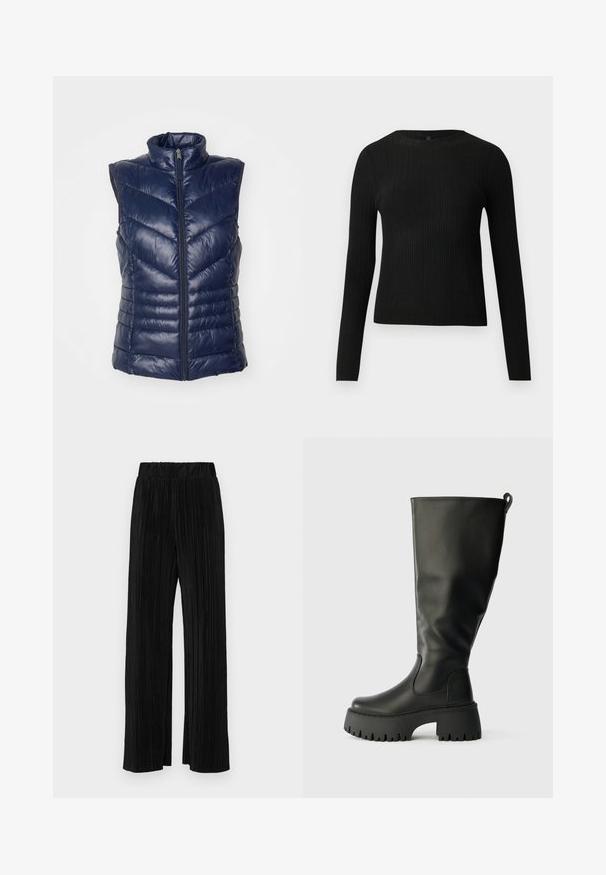 Sötétkék puffos mellény, ujjatlan kivitel magas gallérral, elöl cipzárral és cikk-cakk steppelt mintával a szigetelés érdekében. Puha, fényes felület.; Fekete bordázott, hosszú ujjas, testhez simuló pulóver kerek nyakkivágással, világos, egyszínű háttér előtt kiemelve.; Fekete pliszírozott nadrág gumis derekkal. Széles lábakkal rendelkezik, sima, texturált anyagból készült, függőleges csíkokkal.; Térdig érő fekete gumicsizma vastag talppal, sima felülettel és hátul található húzószalaggal a könnyű felvétel érdekében. Kerek orrú kialakítás.