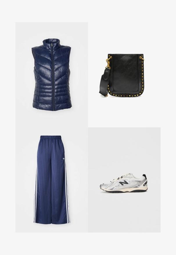 Laivastonsininen puffatakki, hihaton malli korkealla kauluksella, etuvetoketjulla ja vinopaneeleilla varustettuna eristystä varten. Pehmeä, kiiltävä pinta.; Valkoinen napillinen paita, jossa on pitkät hihat, röyhelöillä varustettu korkea kaulus ja pystysuora röyhelökoriste etupuolella. Kevyt puuvillakangas.; Tummansiniset leveälahkeiset housut, joissa on pystysuorat valkoiset raidat, joustava vyötärö ja kolme valkoista raitaa kummallakin puolella, valmistettu kevyestä materiaalista.; Harmaa ja valkoinen urheilujalkine, jossa on pyöreä kärki, verkkokangas ja synteettiset materiaalit, mustat yksityiskohdat ja kuvioitu kumipohja.; Mustikka nahkalaukku, jossa on kultaiset niitit reunoilla, tasainen muoto ja säädettävä hihna, jossa on kultainen lukko.