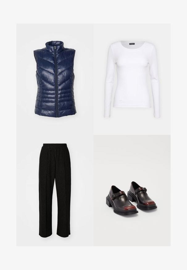 Jūras zilas krievu formas veste, bez piedurknēm, ar augstu apkakli, ar priekšējo rāvējslēdzēju un ševronu šūšanas rakstu siltumizolācijai. Mīksta, spīdīga apdare.; Balts ribots garām piedurknēm krekls ar apaļu kakla izgriezumu. Izgatavots no elastīga auduma, kas pieguļ ķermenim. Iezīmējas ar smalkām horizontālām līnijām.; Melna, plaša kāju bikses ar baltām vertikālām svītrām, ar elastīgu jostu komfortam un gludu, mīkstu tekstūru.; Ādas blokveida papēžu kurpes ar spīguļojošu tumši sarkanu apdari, aprīkotas ar sprādzi un noapaļotu purngali. Teksturēts zole labākai saķerei.