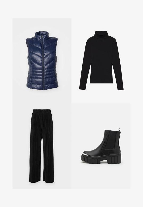 Chaleco acolchado azul marino, diseño sin mangas con cuello alto, cuenta con una cremallera frontal y un patrón de rombos para aislamiento. Acabado suave y brillante.; Top de manga larga de cuello alto negro, hecho de tela de canalé, presenta un diseño ajustado con un cuello alto y sin patrones ni acentos.; Pantalones negros de pliegues con una cintura elástica. Presentan piernas anchas y una tela suave y texturada con rayas verticales.; Botas negras de tobillo hechas de piel suave con paneles elásticos, una suela gruesa tipo plataforma y una puntera metálica.