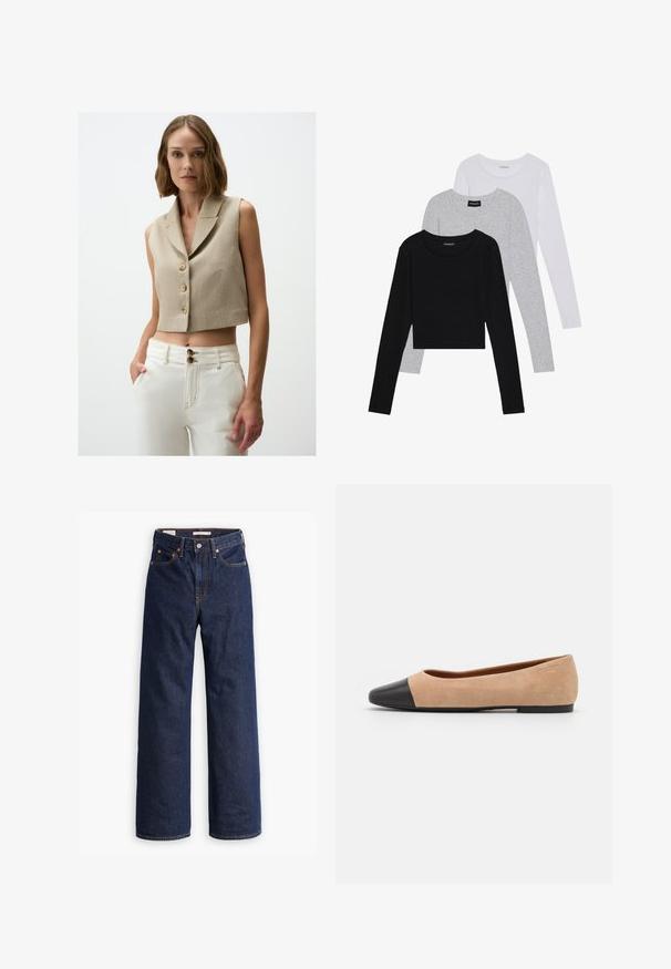 Beige ärmellose Cropped-Weste aus strukturiertem Stoff mit zwei großen Knöpfen und einem Reverskragen. Kombiniert mit hochtaillierten weißen Hosen.; Drei langärmelige Oberteile gestapelt: schwarz, grau und weiß. Jedes hat einen runden Halsausschnitt und ein kurzes Design aus glattem, leichtem Stoff.; Dunkelblaue gerade geschnittene Denim-Jeans mit fünf Taschen, orangefarbenen Nähten und einem Knopfverschluss.; Beige Wildleder Ballerina mit einer runden Zehenkappe aus schwarzem Leder, niedrigem Absatz und glatter Textur, mit minimaler Nahtverarbeitung und klarem Design.