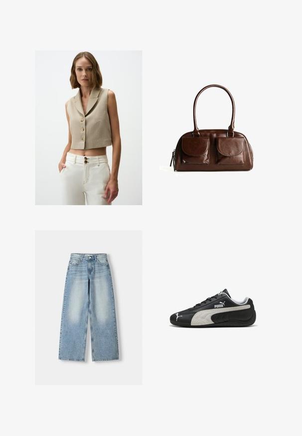 Beżowa bezrękawnikowa kamizelka z teksturowanej tkaniny, z dwoma dużymi guzikami i kołnierzem z wycięciem. Połączona z białymi spodniami z wysokim stanem.; Jasnoszary prążkowany top na ramiączkach z okrągłym dekoltem i bez rękawów. Posiada dopasowany krój i subtelne logo w okolicy środka. Miękka tekstura.; Jasnoniebieskie dżinsy typu wide-leg z wysokim stanem, z lekko spranym wykończeniem, pięcioma kieszeniami i prostym krojem.; Czarne skórzane sneakersy z teksturowanym szarym zamszowym paskiem, z białymi akcentami logo oraz sznurowanym zapięciem, zaokrąglonym noskiem i gumową podeszwą.; Brązowa skórzana torebka na ramię z dwiema przednimi kieszeniami na klapki, zaokrąglonymi uchwytami i zamkiem błyskawicznym po bokach, na białym tle.