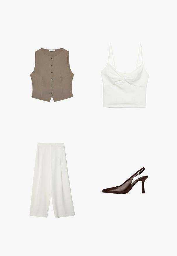 Bruine mouwloze blouse met een ronde halslijn, vijf knopen aan de voorkant en een getailleerde silhoët. Gemaakt van een soepele stof met een subtiele textuur.; Witte cropped tanktop met dunne spaghetti-bandjes, voorzien van een gedraaid ontwerp aan de voorkant en een soepele textuur. Gemaakt van rekbare stof.; Witte, wijde, cropped broeken met een gladde textuur, met een platte voorkant en zonder zichtbare sluitingen of zakken.; Bruine lederen slingbackpomp met een spitse neus en een dunne hak. Voorzien van een kleine accentgesp op de band en een glossy afwerking.