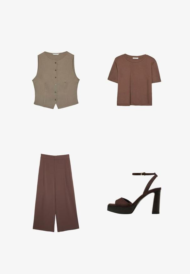 Rjava brezrokavna bluzica s krožnim izrezom, petimi gumbi spredaj in prilegajočim silhuetom. Narejena iz gladkega materiala z rahlo teksturo.; Rjava kratka majica s kratkimi rokavi iz mehkega materiala, s krožnim izrezom in ohlapnim krojem. Brez vidnih vzorcev ali dodatkov.; Rjave široke hlače z gladko teksturo, ki imajo visok pas in sprednje naborke. Tkanina je lahka in prosto pada.; Rjave semiš sandale z visoko peto, odprto spredaj, z nastavljivim gležnjenjem in črtastim podplatom.
