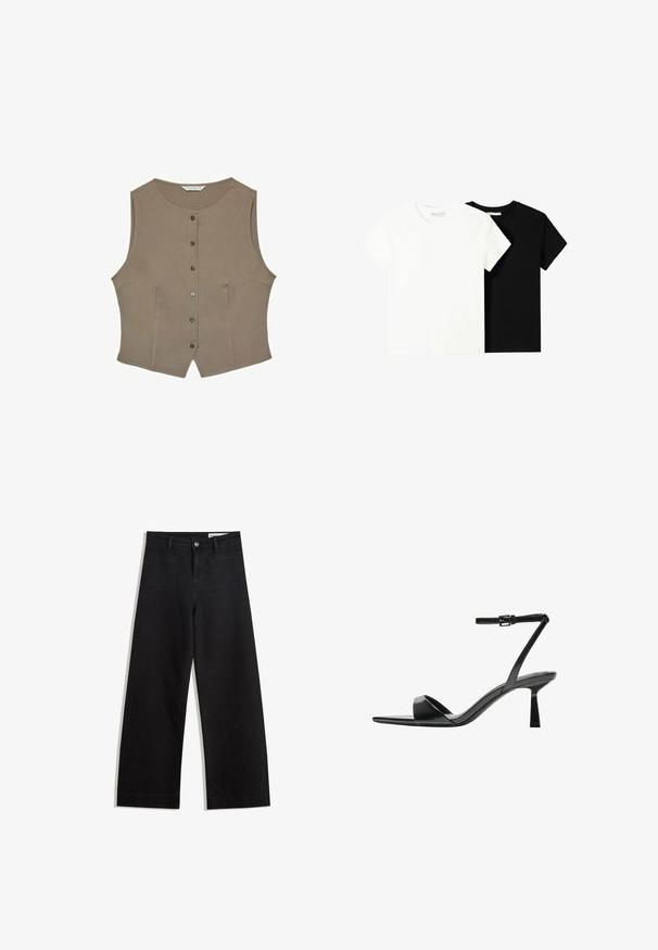 Blouse sans manches marron avec un col rond, cinq boutons sur le devant et une silhouette ajustée. Fabriquée en tissu lisse avec une texture subtile.; Deux t-shirts à manches courtes, l'un blanc et l'autre noir, en coton. Les deux présentent un col rond et un design simple et classique.; Pantalon en denim noir à jambes larges avec une taille haute, comprenant des poches avant et arrière, des coutures piquées et une fermeture à bouton. Texture lisse.; Bershka Sandales à talons hauts - black