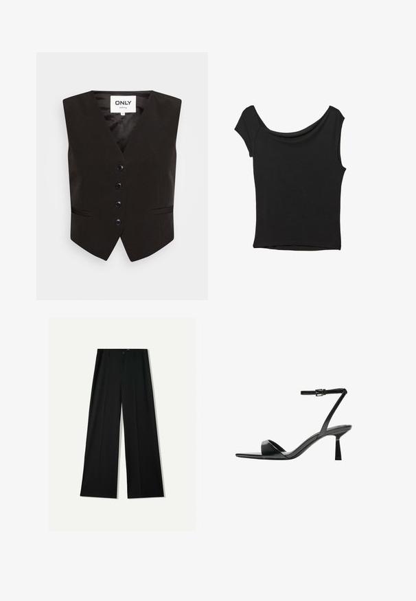 ONLY ONLASTRID SHORT FITTED - Vesta - black; Černý krátký rukáv top vyrobený z hladké látky; má drapovaný výstřih a asymetrický lem, s přiléhavým střihem.; Bershka WIDE - Kalhoty - black; Bershka Sandály na vysokém podpatku - black