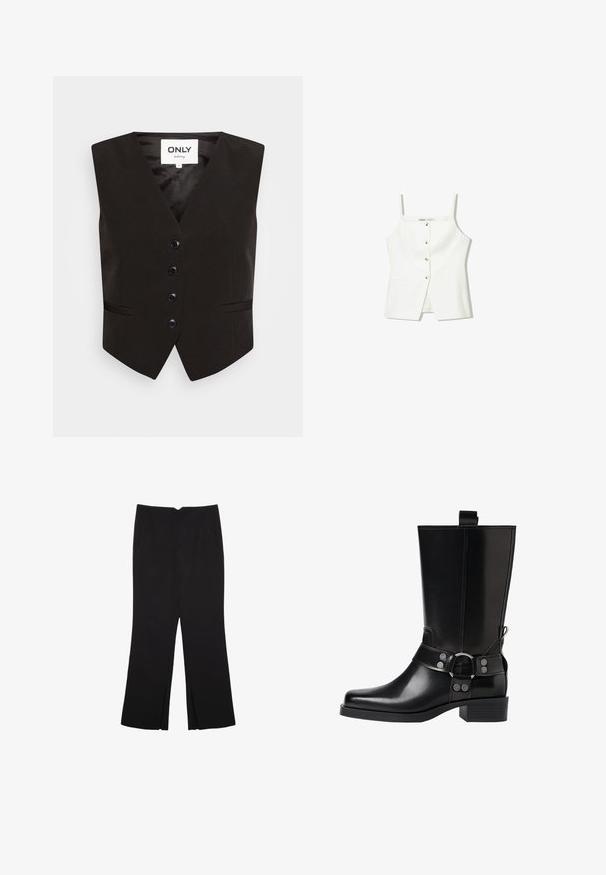 ONLY ONLASTRID SHORT FITTED - Strukirani kaput - black; Bijela bezrukavna majica s dugmadi sprijeda, bočnim džepovima i prilagođenim dizajnom s lagano raširenim rubom. Glatka tekstura, minimalni detalji.; Crne hlače ravnog kroja, s prednjim džepovima i bočnim prorezima na rubu. Izrađene od mekog i glatkog materijala. Pogodne za razne prigode.; Crne kožne čizmice do koljena s šiljastim prstima, sličnim srebrnim kopčama i debelim potplatima. Imaju rupicu za lakše oblačenje.