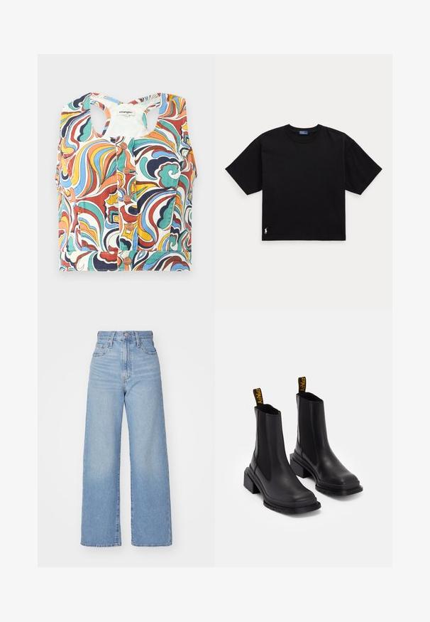 Bunt gemusterter Cropped-Top mit wirbelndem Muster in Rot, Blau, Grün und Gelb, rundem Ausschnitt und Druckknopfverschluss.; Schwarzes Baumwoll-T-Shirt mit kurzen Ärmeln, Rundhalsausschnitt und kleinem weißen Logo unten links. Klassische, kastige Passform mit minimaler Detailgestaltung.; Hellblaue High-Waist-Weite-Leg-Jeans mit Knopf- und Reißverschluss vorne, Vorder- und Rückentaschen, auf weißem Hintergrund.; Schwarze Knöchelstiefel aus glattem Leder mit elastischen Seitenpaneelen, einer quadratischen Zehenpartie und einem klobigen Absatz. Enthält gelbe Marken-Zuglaschen.