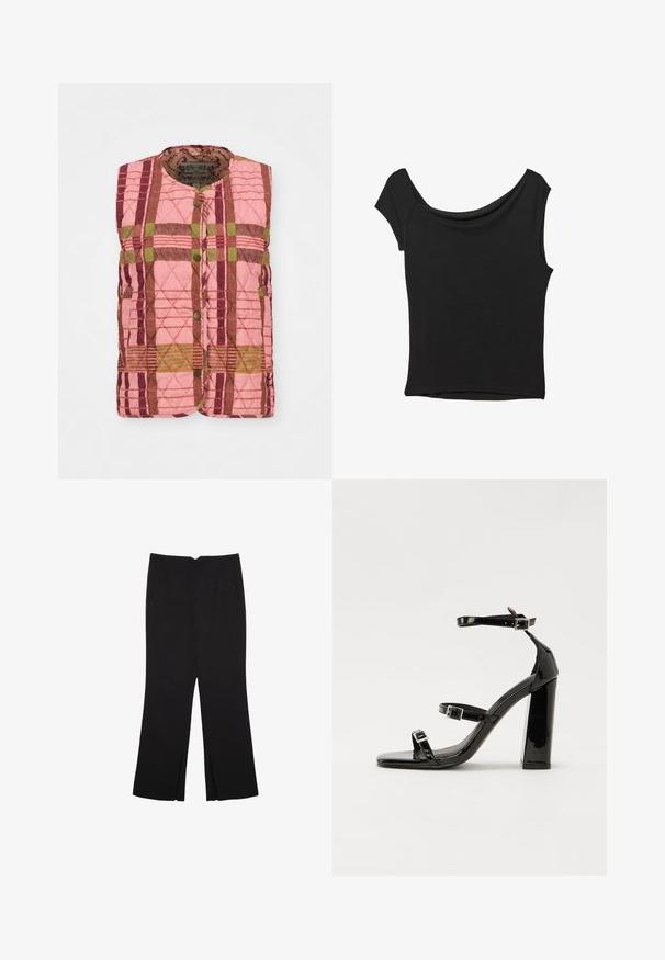 Quilted vest featuring a pink, green, and maroon plaid pattern, with a round neckline and front button closure. Textured fabric adds detail.; Black short-sleeve top made of smooth fabric; features a draped neckline and an asymmetrical hemline, with a fitted body.; Black trousers with a straight fit, featuring front pockets and side slits at the hem. Made of soft, smooth fabric. Suitable for various occasions.; Black patent heeled sandals with a square toe, ankle straps, and silver buckles. Features a chunky block heel for stability.