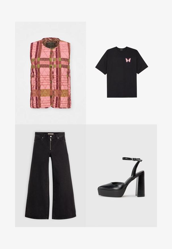 Vest matlasat cu un model de carouri roz, verde și maron, având un guler rotund și închidere cu nasturi în față. Materialul texturat adaugă detaliu.; Tricou negru din bumbac cu mâneci scurte, având pe partea stângă a pieptului un mic grafic cu un fluture roz. Design cu guler rotund și croială lejeră.; Jeans cu picioare largi din denim negru, cu fermoar în față, design cu cinci buzunare și detalii subtile de cusătură. Textură netedă și stil casual.; Pantofi cu toc platformă negri, cu vârful ascuțit și curea reglabilă la gleznă. Confecționați din piele netedă, având un toc gros.