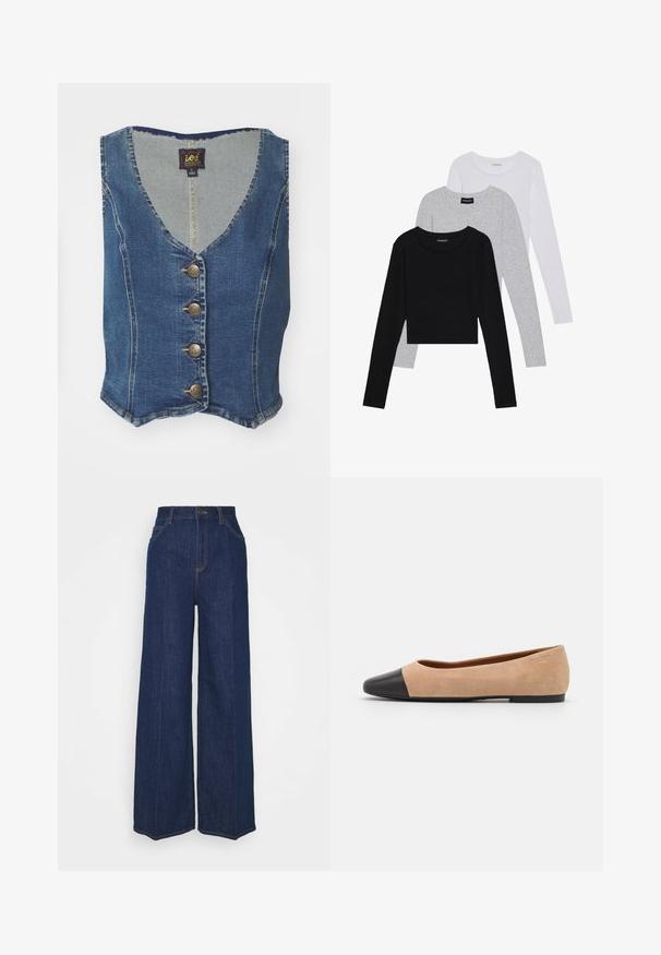 Lee FITTED VEST - Γιλέκο - meteoric; Τρία μπλουζάκια με μακριά μανίκια τοποθετημένα το ένα πάνω στο άλλο: μαύρο, γκρι και άσπρο. Κάθε μπλούζα έχει στρογγυλή λαιμόκοψη και cropped σχέδιο, κατασκευασμένη από απαλό, ελαφρύ ύφασμα.; Τζιν παντελόνι ψηλόμεσο, φαρδύ, σκούρου μπλε χρώματος, με μπροστινές και πίσω τσέπες, κλείσιμο με κουμπί και ορατές λεπτομέρειες ραφής.; Μπεζ σουέντ μπαλαρίνα με μαύρη δερμάτινη στρογγυλή μύτη, χαμηλό τακούνι και λεία υφή, με ελάχιστες ραφές και καθαρό σχέδιο.