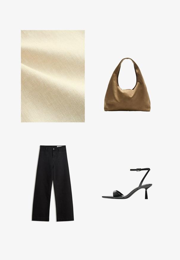 Next Brezrokavnik - natural; Svetlo siva majica kratkih rukava z dubljim V-izrezom i štirimi gumbi, izdelana iz mehkega materiala z gladko teksturo.; Črne široke denim hlače z visokim pasom, ki imajo sprednje in zadnje žepe, šivane šive ter gumbasto zapiranje. Gladka tekstura.; Bershka Sandali z visoko peto - black; Brahna torba preko rame iz rjave tkanine s širokim, zaobljenim tijelom i velikim izrezanim ručkom. Meka tekstura, minimalistički dizajn i bez vidljivih metalnih dijelova.