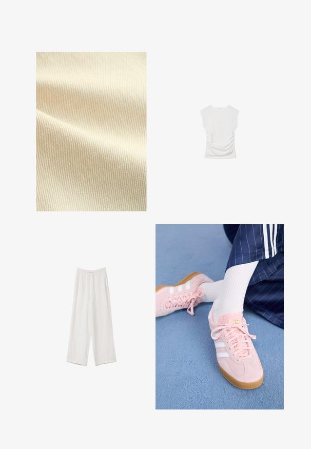Next - Kamizelka; Biała bluzka z krótkim rękawem i okrągłym dekoltem. Posiada marszczoną teksturę po bokach oraz dopasowany krój, wykonana z miękkiego, elastycznego materiału.; Białe spodnie o szerokich nogawkach wykonane z lekkiego materiału. Posiadają elastyczny pas z sznurkiem i boczne kieszenie. Gładka tekstura.; Jasnoróżowe zamszowe sneakersy z białymi paskami i sznurówkami, z teksturowanym językiem i gumową podeszwą, umieszczone na niebieskim dywaniku.