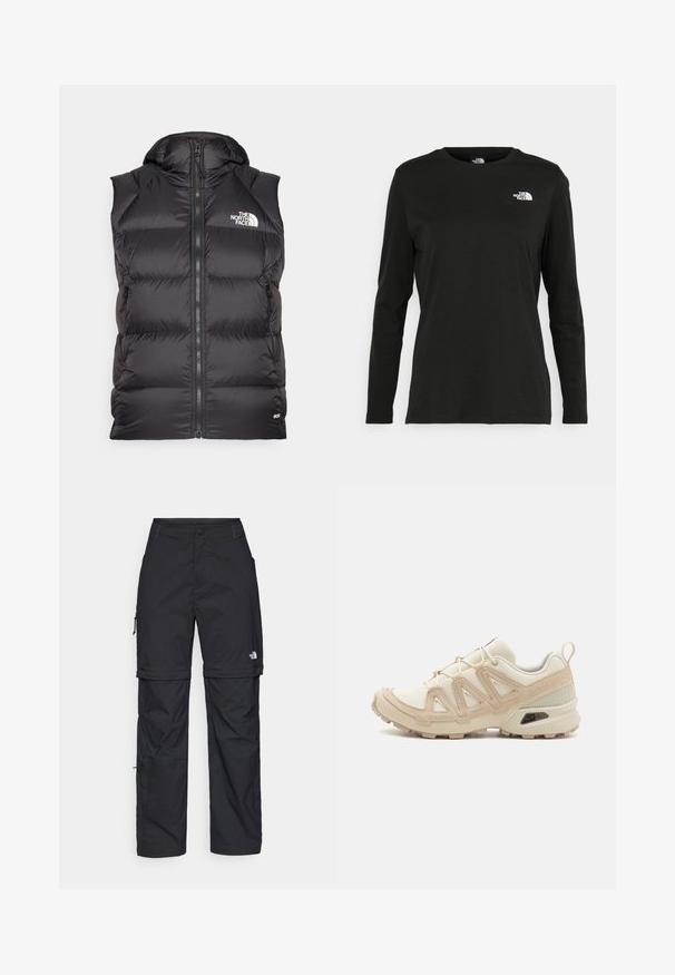 Juodas paminkštintas liemenė su kapišonu, su užtrauktuku priekyje ir šoninėmis kišenėmis. Rodo logotipą ant krūtinės, tekstūruota medžiaga su glotnia apdaila.; Juodas ilgomis rankovėmis medvilninis marškinėliai su apvali apykakle. Savybė - mažas baltas logotipas kairėje krūtinės pusėje. Paprastas dizainas ir pritaikymas.; Juodos nailoninės krovinių kelnės su reguliuojamais rankovėmis, daugybe kišenių ir logo ant dešinės kojos. Lygi, lengva tekstūra.; Bežinės ir kreminės spalvos sportinės bateliai su tekstūruoto tinklelio viršutine dalimi, palaikančiomis detalėmis ir guminiais padais, turinčiais raštą, užtikrinantį sukibimą.