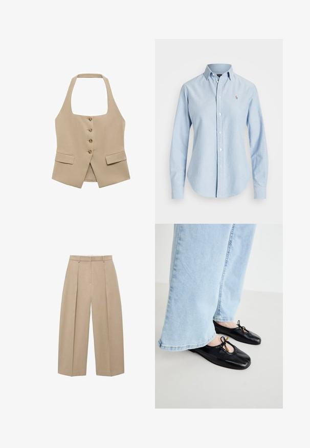Beige halter neck vesta s přiléhavým střihem, s pěti knoflíky a dvěma předními kapsami. Vyrobena z hladké tkaniny s čistým zakončením.; Světle modrá košile na knoflíky vyrobená z bavlny, s dlouhými rukávy, špičatým límcem a malým vyšitým logem na levé hrudi.; Beige kalhoty s širokými nohavicemi visící vertikálně, s předními záhyby a plochým pasem, které vyzařují neutrální a elegantní styl.; Černé kožené baletky s kulatou špičkou, zdobené výřezem a mašlí, nošené s světle modrými kalhotami s širokými nohavicemi.