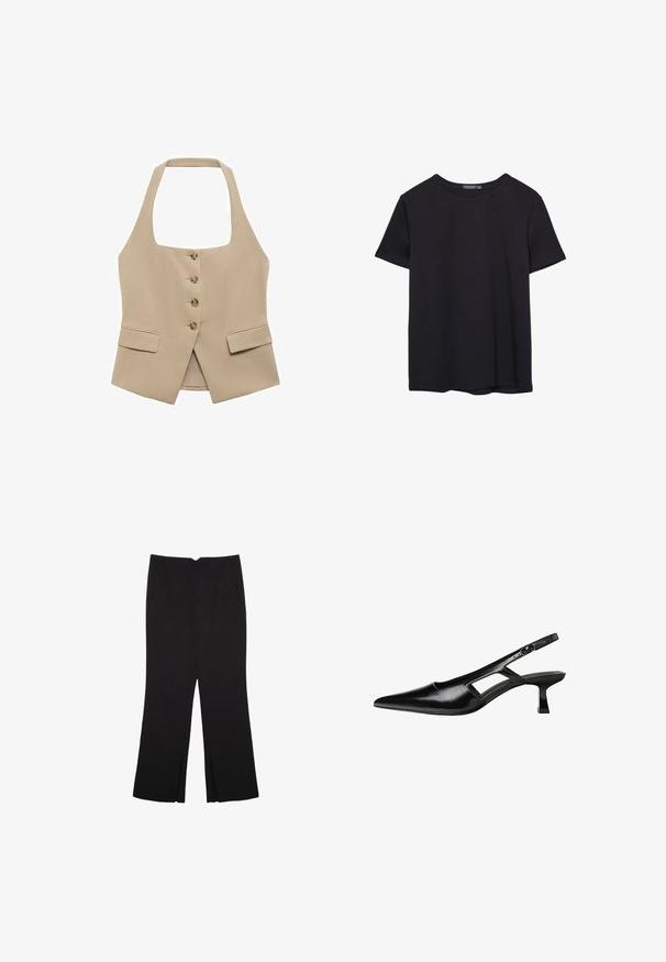 Bež majica s halter vratom, povezanega ožjega kroja, z zapiranjem na pet gumbov in dvema sprednjima žepoma. Narejena iz gladkega materiala z čistim zaključkom.; Enostavna črna bombažna majica s kratkimi rokavi in okroglim izrezom, prikazana na belem ozadju.; Črne hlače ravnega kroja z naglavnimi žepi in stranskimi razporki na robu. Narejene iz mehke, gladke tkanine. Primerne za različne priložnosti.; Črne patentični usnjeni salonarji s slingback designom, z zašiljenim nosom, izrezanim stranskim dizajnom in majhnim kvadratnim peto. Gladka tekstura z minimalnimi detajli.