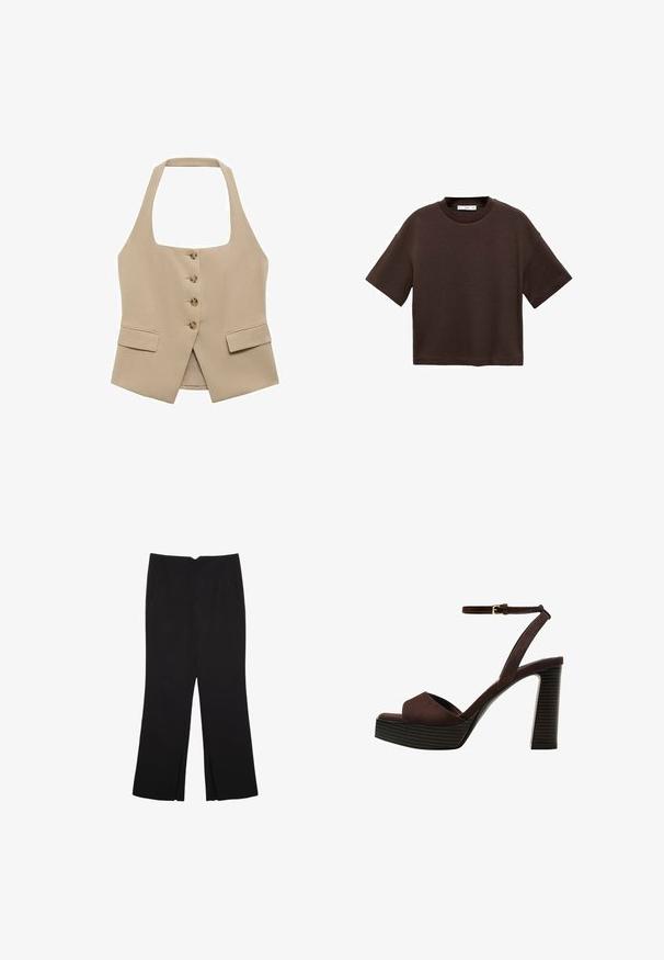 Bež majica s halter vratom, povezanega ožjega kroja, z zapiranjem na pet gumbov in dvema sprednjima žepoma. Narejena iz gladkega materiala z čistim zaključkom.; Braun majica s kratkimi rokavi, izdelana iz mehkega bombaža. Ima okroglo ovratnico in širok kroj, z gladko teksturo in brez vidnih vzorcev.; Črne hlače ravnega kroja z naglavnimi žepi in stranskimi razporki na robu. Narejene iz mehke, gladke tkanine. Primerne za različne priložnosti.; Rjave semiš sandale z visoko peto, odprto spredaj, z nastavljivim gležnjenjem in črtastim podplatom.