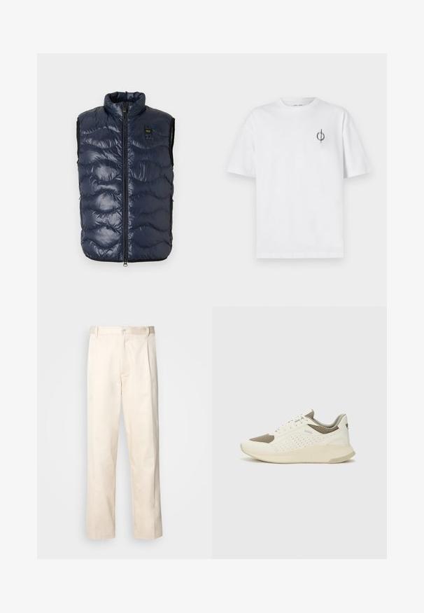 Gilet imbottito blu navy con colletto alto, chiusura con zip, motivo trapuntato ondulato e tasche laterali. Realizzato in materiale lucido e leggero.; T-shirt in cotone bianco con vestibilità rilassata, presenta un piccolo logo grafico nero nella zona sinistra del petto. Maniche corte, collo a giro.; Pantaloni in cotone beige con taglio dritto, dotati di chiusura a bottone e pence sul davanti per un tocco di dettaglio in più.; Sneaker atletica bianca e beige chiaro, con tomaia in mesh, dettagli perforati e una suola intermedia texturizzata con marchio sul tallone.
