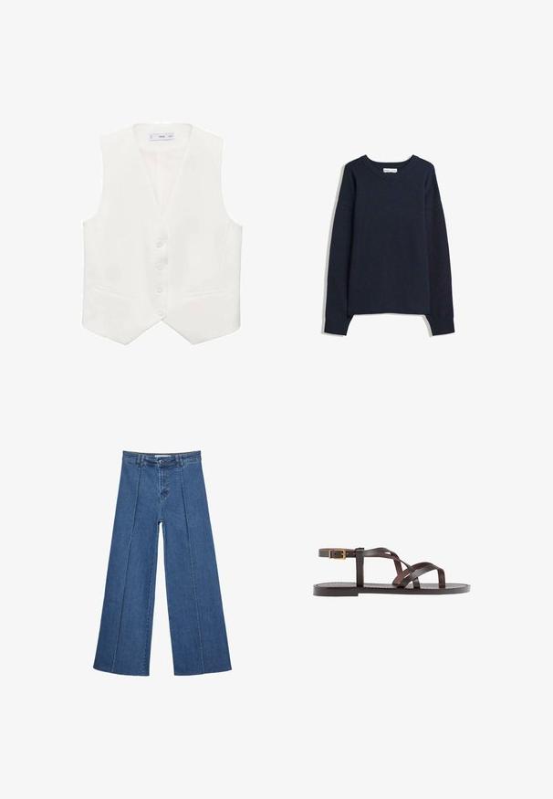 Weißer ärmelloser Weste aus glattem Stoff, mit klassischem V-Ausschnitt, fünf Knöpfen und zwei seitlichen Taschen. Schlichtes, tailliertes Design.; Dunkelblauer Pullover mit V-Ausschnitt, langen Ärmeln sowie gerippten Bündchen und Saum. Hergestellt aus weichem Strickmaterial, hat er eine lockere Passform und ein minimalistisches Design.; Weite Jeans aus Denim in Mittelblau, mit hoher Taille, Knopfverschluss und kontrastierenden vertikalen Nahtdetails an der Vorderseite.; Braune Leder-Sandale mit überkreuzten Riemen, einem Knöchelriemen mit Schnalle und einer flachen Sohle mit minimalen Nähdetails.