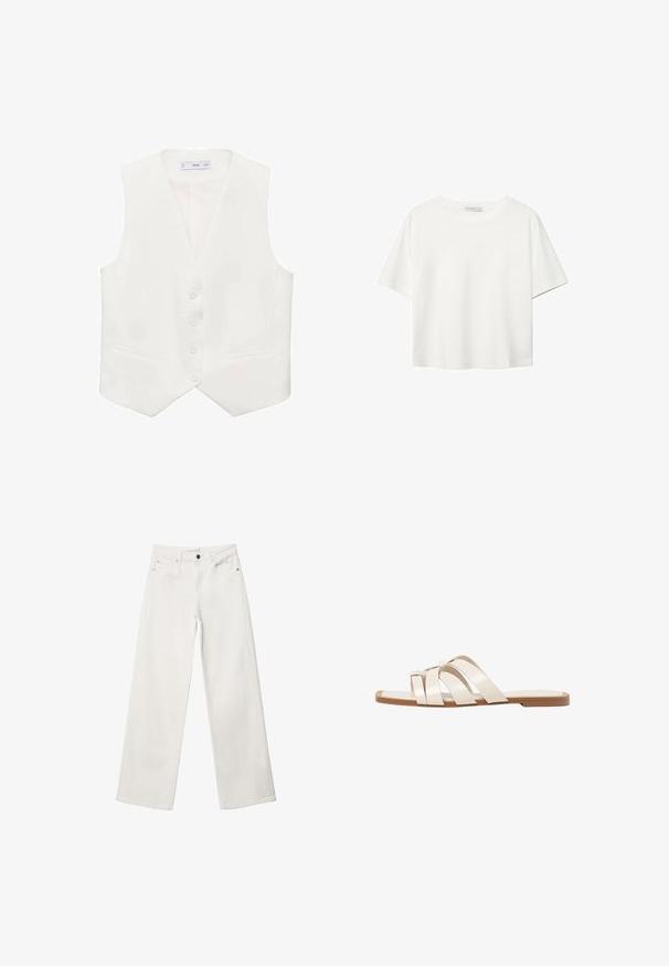 Hvid ærmeløs vest lavet af glat stof, med en klassisk V-hals, fem knapper og to sidelommer. Enkelt skræddersyet design.; Hvid kortærmet t-shirt lavet af bomuld. Har en rund halsudskæring og en afslappet pasform. Glat tekstur uden synlige mønstre eller detaljer.; Hvide bukser med vidde lavet af denim, med høj talje, fem lomme-design og metalknaplukning. Glat tekstur, ingen mønstre.; Flade sandaler med en lys gummisål, designet med tre overlappende hvide læderremme og en lille sløjfe detalje i midten.