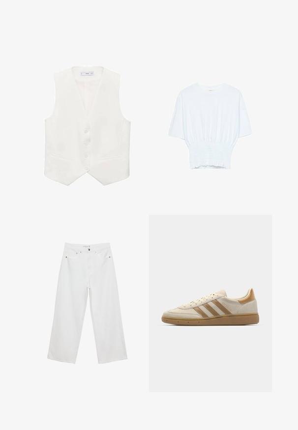 Hvid ærmeløs vest lavet af glat stof, med en klassisk V-hals, fem knapper og to sidelommer. Enkelt skræddersyet design.; Hvid kortærmet T-shirt med afslappet pasform og smocked tekstur ved taljen. Lavet af blødt, letvægtsstof.; Hvide bukser med bred benvidde lavet af denim med høj talje, der har fem lommer og metalhardware. Glat tekstur, uden synlige mønstre.; Beige ruskindsneaker med lysebrune detaljer. Har tre brune striber, struktureret gummisål og et rundt tå-design.