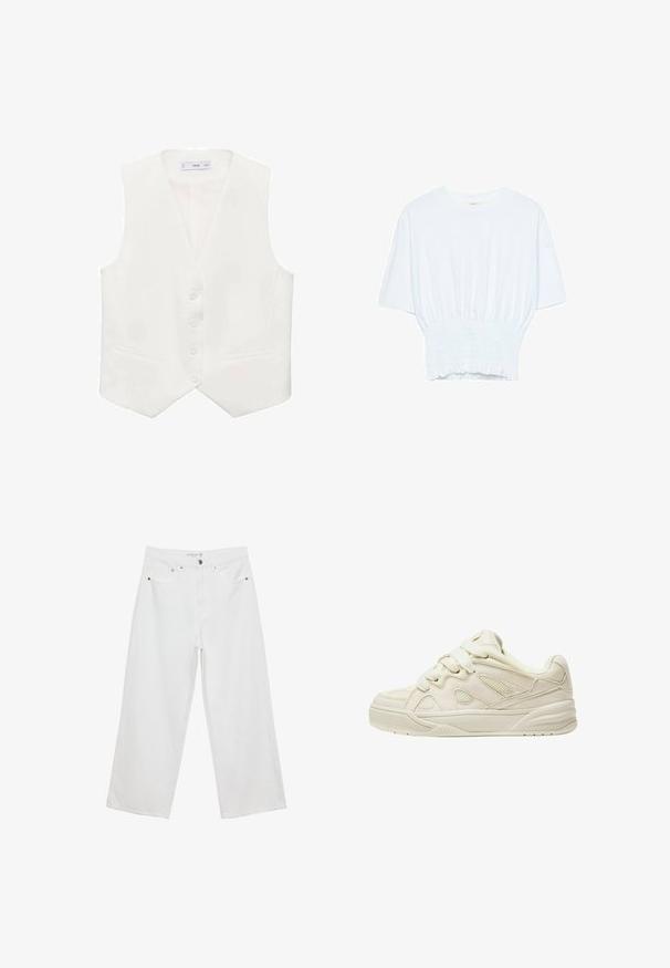 Bílá bezrukávová vesta z hladké látky, s klasickým véčkovým výstřihem, pěti knoflíky a dvěma bočními kapsami. Jednoduchý střih.; Bílý tričko s krátkým rukávem, se volným střihem a nařasenou texturou v pase. Vyrobeno z měkkého, lehkého materiálu.; Bílé široké džíny z denimu s vysokým pasem, které mají pět kapes a kovové ozdoby. Hladký povrch, bez viditelných vzorů.; Beige tenisky s texturovaným svrškem, výraznými tkaničkami, síťovinovými panely a silnou podrážkou. Zakřivený design s měkkým límcem pro pohodlí.
