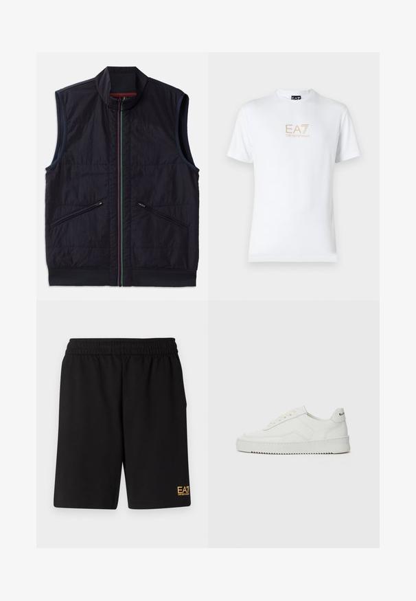 Bezrukávý vesta v tmavě námořnické barvě, s límečkem, vícebarevným zipem a dvěma šikmými zipovými kapsami s žebrovaným lemem. Texturovaný povrch látky.; Bílé bavlněné tričko s kulatým výstřihem a krátkým rukávem, na přední straně s potiskem zlatého loga EA7 Emporio Armani.; Černé sportovní šortky vyrobené z měkké látky, s elastickým pasem a malým žlutým logem EA7 na dolní části levé nohy.; Bílé kožené tenisky s hladkým povrchem, kulatou špičkou, plochými tkaničkami a texturovanou podrážkou. Na patě se nachází nenápadné logo.