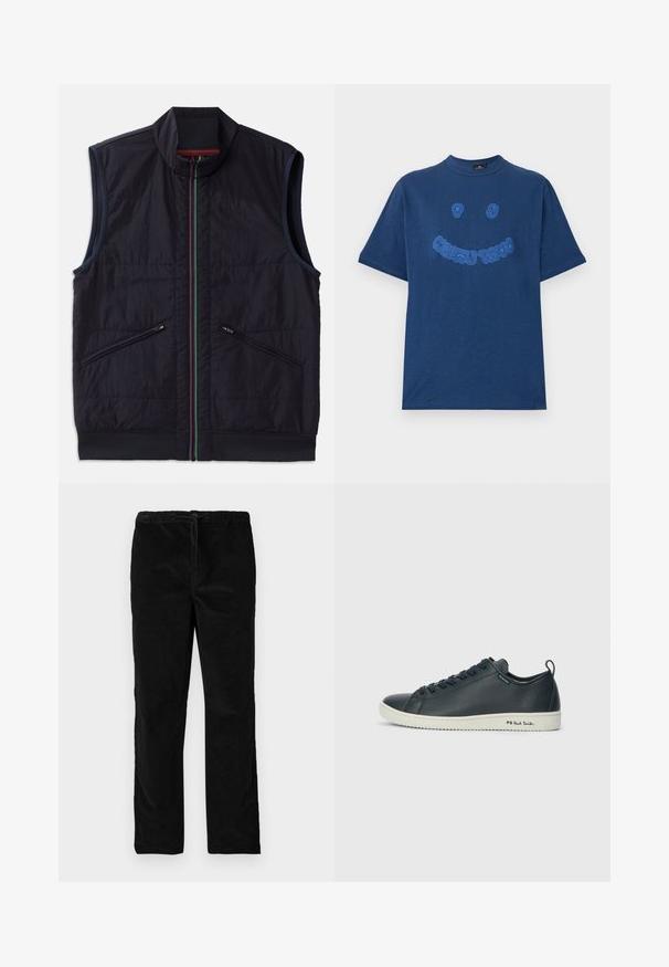 Sleeveless vest in dark navy, featuring a standing collar, multicolored zipper, and two angled zip pockets with ribbed hem. Textured fabric finish.; Navy blue cotton t-shirt with a crew neckline. Features blue embroidered graphic text and smiley face design on the front. Short sleeves.; Black straight-leg velvet pants with elastic waistband and front drawstring, displayed against a plain white background.; Dark navy leather sneaker with a smooth finish, rounded toe, six eyelet lacing, and contrasting white rubber sole. Features branding on the side.