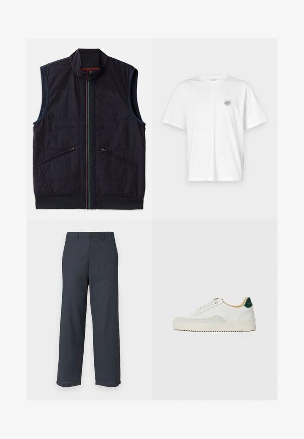 Juodas be rankovių džemperis su stovinčiu apykakle, spalvotu užtrauktuku ir dviem įstrižais užtrauktukais kišenėse, su raukšlėtu apdailu. Tekstūruotas audinio paviršius.; Balta medvilninė marškinėlių, su trumpomis rankovėmis, apykaklė nei per aukšta, nei per žema, ir mažas pilkas logotipas kairėje krūtinės pusėje. Lygi tekstūra.; Tamsiai mėlynos kelnės, pagamintos iš lygaus audinio, tiesaus kojų kirpimo, su dviem priekinėmis kišenėmis ir viena sagos užsegimu.; Baltos sportbačiai su zomšos akcentais, apvaliu nosiu, plokščiais raišteliais ir kreminės spalvos guminiu padu. Ant kulno yra žalia ženklinimo detalė.