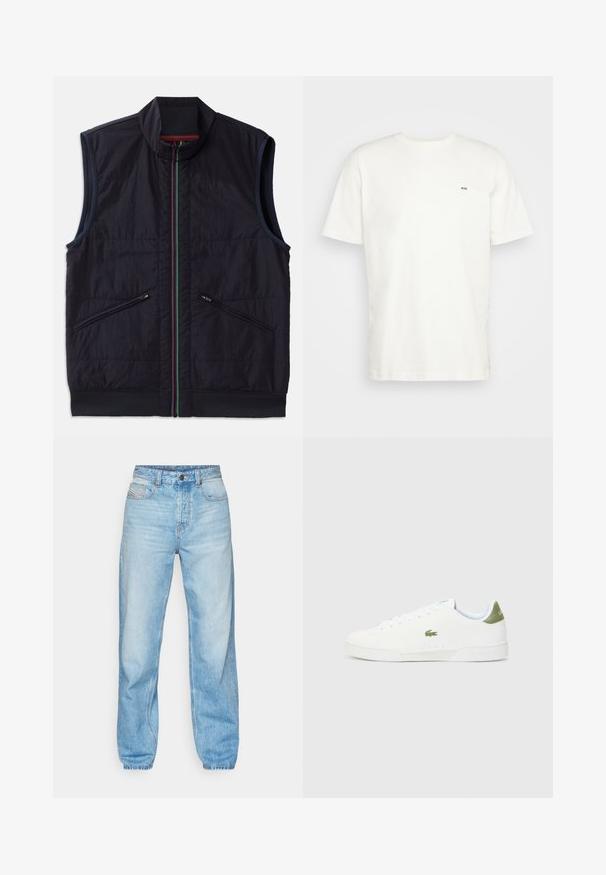 Juodas be rankovių džemperis su stovinčiu apykakle, spalvotu užtrauktuku ir dviem įstrižais užtrauktukais kišenėse, su raukšlėtu apdailu. Tekstūruotas audinio paviršius.; Balta medvilninė marškinėlių su apvaliu iškirpimu, trumpomis rankovėmis ir mažuoju juodu "W.W." logotipu kairėje krūtinės pusėje. Lygi tekstūra, įprastas kirpimas.; Šviesiai mėlyni džinsai, pagaminti iš džinsinio audinio, turi tiesų kirpimą, penkių kišenių dizainą ir matomą mygtukinę užsegimą su kontrastingu siuvimu.; Baltos sportiniai bateliai su lygaus paviršiaus tekstūra, kuriuose yra žalias akcentas kulne ir mažas siuvinėtas krokodilo logotipas šone.