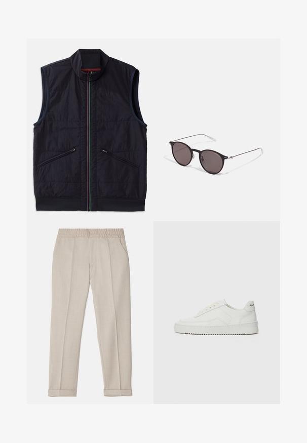 Krekliņš bez piedurknēm tumši zilā krāsā, ar stāvošu apkakli, daudzkrāsainu rāvējslēdzēju un divām slīpām kabatām ar rāvējslēdzēju un ribu apakšdaļu. Tekstūru auduma apdare.; Melnā kokvilnas T-kreklu ar apaļu kakla izgriezumu, īsām piedurknēm un balto "EMPORIO ARMANI" logotipu virs vārda "Milano" izliektā dizainā.; Filippa K TERRY CROPPED TROUSERS - Auduma bikses - sage melange; Baltas ādas sneakers ar gludu virsmu, apaļu pirkstu daļu, plakaniem šņorēm un teksturētu zoli. Satur diskrētu logotipu uz papēža.; Melni apaļi saulesbrilles ar tumšiem lēca un plānām metāla stangām. Iekļautas caurspīdīgas tempļu galviņas un sudraba akcenti pie eņģes. Minimalistisks dizains.