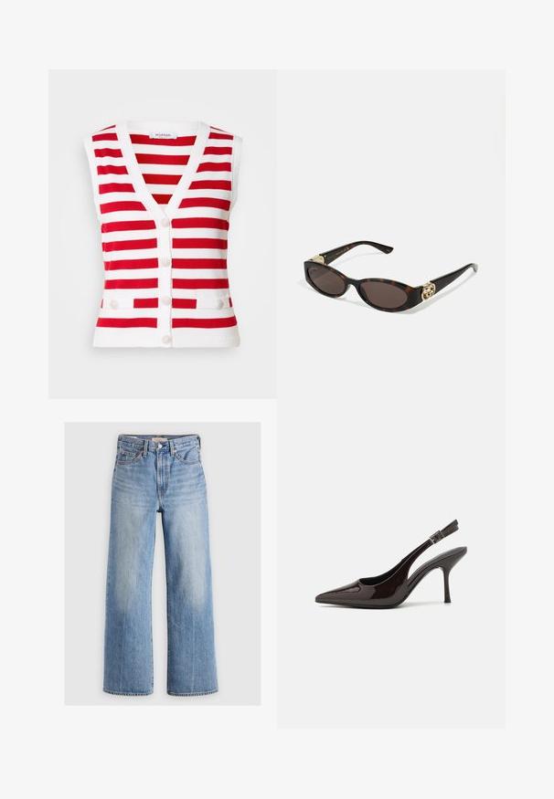 Chaleco sin mangas de rayas rojas y blancas con escote en V, cinco botones en el frente y dos bolsillos decorativos en la cintura.; Camisa de botón a rayas azules con cuello, mangas largas y dobladillo curvado. La tela parece suave y ligera. Cierre de botón en la parte delantera.; Pantalones vaqueros de mezclilla de corte ancho en azul claro, con cintura alta, zonas desteñidas, cinco bolsillos y costuras en contraste. Cierre clásico con botón y cremallera.; Zapato de tacón alto tipo slingback en piel sintética brillante de color marrón oscuro, con punta afilada, laterales abiertos y correa ajustable en el tobillo.; Gafas de sol carey con lentes ovalados alargados, tintado marrón, acentos de logo dorado en las patillas y brazos negros elegantes.