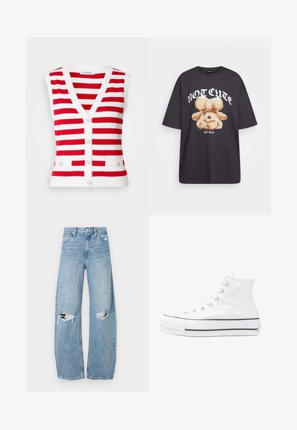 Red and white striped sleeveless vest with a V-neck, five buttons down the front, and two decorative pockets at the waist.; Black oversized t-shirt featuring a graphic of a bear with the text “NOT CUTE BUT WILD” in bold, white lettering. Cotton material.; Light blue, high-waisted jeans made of denim. Feature wide legs, two torn knee areas, and classic five-pocket styling.; White high-top canvas sneaker with black rubber sole, front rubber toe cap, and six eyelets for laces, featuring a clean, minimalist design.