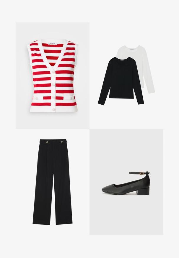 Raudona ir balta dryžuota be rankovių liemenė su V-kaklu, penki mygtukai priekyje ir dvi dekoratyvinės kišenės juosmens srityje.; Du suknelės su ilgomis rankovėmis, viena juoda ir viena balta, abi su kvadratiniu iškirpimu ir pagamintos iš minkštos, elastingos medžiagos.; Juodi plačios kojos kelnės su aukštu liemeniu, sagų detalėmis ant liemens ir priekinėmis raukšlėmis.; Juodas odinis aukštakulnis batelis su smailiu pirštu ir žemu bloku. Su kulkšnies dirželiu su auksinės spalvos sagtimi. Lygus paviršius.