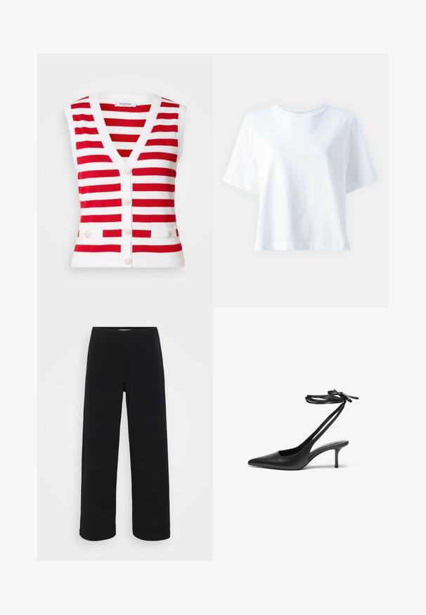 Červeno-bílý pruhovaný bezrukávový vest s V-výstřihem, pět knoflíků vpředu a dvě dekorativní kapsy в pase.; Bílý bavlněný tričko s kulatým výstřihem, krátkými rukávy, volným střihem a hladkou texturou. Bez vzorů nebo akcentů.; Černé kalhoty s širokými nohavicemi a elastickým pasem. Vyrobené z texturovaného materiálu, mají volný střih a rovný zakončení od boků až po lem.; Černá kožená stiletto botička s špičatou špičkou, otevřenou zadní částí a kotníkovými řemínky uvázanými do mašle. Štíhlý 3palcový podpatek. Hladká textura, minimalistický design.