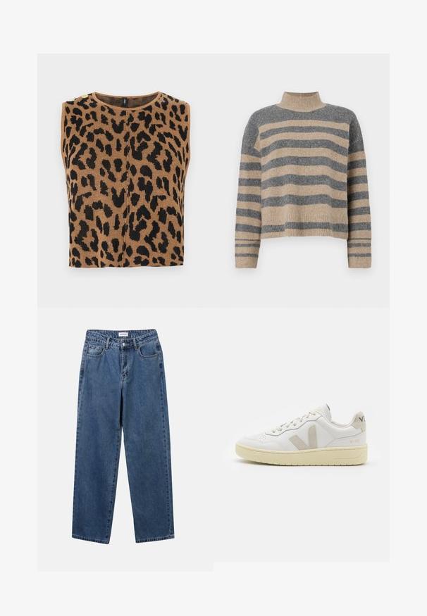 Brun uten ermer topp med svart leopardmønster, ribbet tekstur og gullknappdetaljer på skulderen.; Stripet strikkegenser som har grå og beige farger, høy hals, brede mansjetter og en avslappet passform med kort design.; Klassiske blå denimjeans med rett ben-design, fem lommer og knappelukking. Har en middels vask og solid tekstur.; Hvite lær sneakers med beige semsket detaljer, perforert tåboks, flate lisser og en teksturert kremfarget såle. Har subtil branding på hælen.